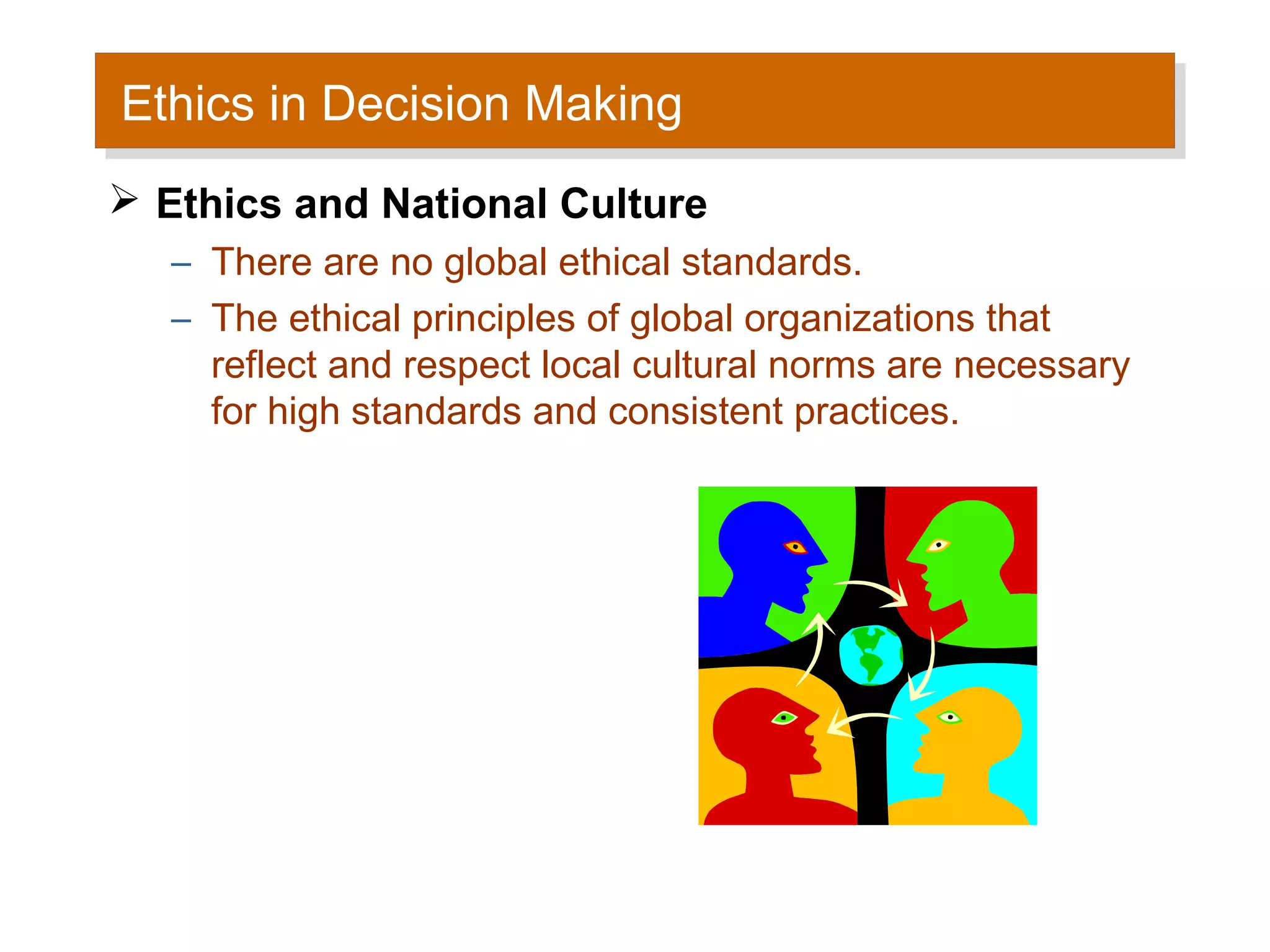 Ethics in Decision Making
Ethics in Decision Making
 Ethics and National Culture
   – There are no global ethical standards.
   – The ethical principles of global organizations that
     reflect and respect local cultural norms are necessary
     for high standards and consistent practices.
 