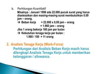 b. Perhitungan Kuantitatif
Misalnya : Januari 1998 ada 22.000 pucuk surat yang harus
diselesaikan dan masing-masing surat membutuhkan 0.09
jam – orang.
 Beban kerja = 22.000 x 0,09 jam – orang
= 1.980 jam – orang
Jika 1 orang bekerja 180 jam per bulan
 Kebutuhan tenaga kerja per bulan :
1.980 / 180 = 11 orang
2. Analisis Tenaga Kerja (Work-Force)
Perhitungan dari Analisis Beban Kerja masih harus
dilengkapi Analisis Tenaga Kerja untuk memberikan
kelonggaran / allowance.
 