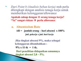  Dari Point b (Analisis beban kerja) msh perlu
dilengkapi dengan analisis tenaga kerja untuk
memberikan kelonggaran/allowance
Apakah cukup dengan 11 orang tenaga kerja?
“Ya” sangat riskan  perlu allowance
a. Absenteeism Rate
AR = jumlah orang – hari absensi x 100%
jml. pekerja x jml. hari kerja
Jika tingkat absensi 9%, maka sebagai
kelonggaran ditambahkan :
9% x 11 tk = 1 tk.
Dari penelitian didapatkan umumnya
tingkat absensi 2,8 – 5%.
 