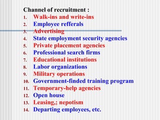 Channel of recruitment :
1. Walk-ins and write-ins
2. Employee refferals
3. Advertising
4. State employment security agencies
5. Private placement agencies
6. Professional search firms
7. Educational institutions
8. Labor organizations
9. Military operations
10. Government-finded training program
11. Temporary-help agencies
12. Open house
13. Leasing,; nepotism
14. Departing employees, etc.
 