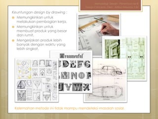 Metodologi Desain - Pertemuan ke-III
                                       Design Concepts, Oleh : Aditya Nirwana, S.Sn

Keuntungan design by drawing :
 Memungkinkan untuk
  melakukan pembagian kerja.
 Memungkinkan untuk
  membuat produk yang besar
  dan rumit.
 Mengerjakan produk lebih
  banyak dengan waktu yang
  lebih singkat.




 Kelemahan metode ini tidak mampu mendeteksi masalah sosial.
 