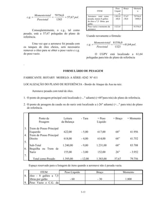 3-13
.67,57
1383
0,79756
.. pol
totalPeso
totalMomento
gc ===
Conseqüentemente, o c.g., tal como
pesado, está a 57,67 polegadas do plano de
referência.
Uma vez que a aeronave foi pesada com
os tanques de óleo cheios, será necessário
remover o óleo para se obter o peso vazio e c.g.
do peso vazio.
ITEM
Peso
Líquid
o
Braço Moment
o
Aeronave total como
pesada, menos 8 galões
de óleo a 7,5 libras por
galão.
1383,0
-60,0
57,67
-30,0
79756,0
1800,0
Peso vazio e momento da
aeronave
1323,0 81556,0
Usando novamente a fórmula:
.64,61
1323
0,81556
.. pol
totalPeso
totalMomento
gc ===
O CGPV está localizado a 61,64
polegadas para trás do plano de referência
.
FORMULÁRIO DE PESAGEM
FABRICANTE: ROTARY MODELO: A SÉRIE: 0242 Nº 411
LOCALIZAÇÃO DO PLANO DE REFERÊNCIA - Bordo de Ataque da Asa na raiz.
Aeronave pesada com total de óleo.
1. O ponto de pesagem principal está localizado (-..." adiante) (+68"para trás) do plano de referência.
2. O ponto de pesagem da cauda ou do nariz está localizado a (-26" adiante) (+..." para trás) do plano
de referência.
Ponto de
Pesagem
Leitura
da Balança
- Tara = Peso
Líquido
+ Braço = Momento
3. Trem de Pouso Principal
Esquerdo 622,00 - 5,00 617,00 68” 41.956
4. Trem de Pouso Principal
Direito 618,00 - 4,00 614,00 68” 41.752
5.
Sub-Total 1.240,00 - 9,00 1.231,00 68” 83.708
6. Bequilha ou Trem de
Nariz 155,00 - 3,00 152,00 26” - 3.952
7.
Total como Pesado 1.395,00 - 12,00 1.383,00 57,67 79.756
Espaço reservado para a listagem de itens quando a aeronave não é pesada vazia.
ITEM Peso Líquido Braço Momento
8. óleo - 8 galões a 7,5
libras por galão - 60 - 30 1.800
9. Peso Vazio e C.G. da
 