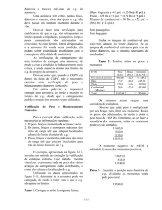 3-15
dianteira e traseira máximas do c.g. da
aeronave.
Uma aeronave tem certos pontos fixos,
dianteiro e traseiro, além dos quais o c.g. não
deve passar em nenhum momento durante o
vôo.
Deve-se fazer uma verificação para
certificar-se de que o c.g. não ultrapassará os
limites quando a tripulação, passageiros, carga e
pesos consumíveis são adicionados ou
removidos. Se estes limites, forem ultrapassados
e a aeronave for voada nesta condição, ela
poderá sofrer estabilidade insuficiente com a
conseqüente dificuldade de controlá-la.
As verificações de carregamento são
uma tentativa de carregar uma aeronave, de
modo a criar a condição de balanceamento mais
crítica, e ainda mantê-la dentro dos limites do
c.g. do projeto da aeronave.
Deve-se notar que, quando o CGPV cai
dentro da faixa de CGPV, não é necessário
executar uma verificação de peso e
balanceamento dianteiro ou traseiro.
Em outras palavras; é impossível
carregar uma aeronave, de modo a exceder os
limites do c.g., desde que o carregamento
padrão e arranjo dos assentos sejam utilizados.
Verificação de Peso e Balanceamento
Dianteiro
Para a execução desta verificação, serão
necessárias as informações seguintes:
1. O peso, braço e momento da aeronave vazia.
2. Os pesos, braços e momentos máximos dos
itens de carga útil que estejam localizados
adiante do limite dianteiro do c.g.
3. Pesos, braços e momentos máximos dos itens
de carga útil que estejam localizados para
trás do limite dianteiro do c.g.
O exemplo, apresentado na figura 3-11,
introduz um método de condução da verificação
de condição extrema. Esse método facilita
visualizar exatamente onde os pesos dos vários
arranjos de carregamento estão distribuídos, e
como eles afetam a localização do c.g.
Utilizando os dados apresentados na
figura 3-11, determine se a aeronave pode ser
carregada, de modo a fazer com o que o c.g.
ultrapasse os limites.
Passo 1: Carregue o avião da seguinte forma:
Óleo - 8 quartos a -41 pol. = (15 lbs) (41 pol.)
Piloto - 170 lbs a +6 pol. = (170 lbs) (+6 pol.)
Mínimo de combustível - 50 lbs. a +23 pol. =
(50,0 lbs) (+23 pol.)
Sem passageiros
Sem bagagem
Encha os tanques de combustível que
estiverem adiante do limite dianteiro. Se os
tanques de combustível estiverem para trás do
limite dianteiro, use o mínimo necessário de
combustível.
Passo 2: Totalize todos os pesos e
momentos
ITEM Peso
(Lbs)
Braço
(Pol.)
Momento
(Lbs.Pol.)
Peso vazio da aeronave 950,00 +12,3 +11685,0
Óleo 15,0 -41,0 -615,00
Piloto 170,0 +6,0 +1020,0
Combustível
(Mínimo)
50,0 +23,0 +1150,0
Total 1185,00 13240,0
Os números acima exigem uma
consideração cuidadosa.
Observe que cada peso é multiplicado
por seu braço, para obter seu momento. Todos
os pesos são adicionados, de modo a obter o
peso total de 1185 lbs. Entretanto, ao se fazer o
somatório dos momentos, todos os momentos
positivos são somados:
11685,0
1020,0
1150,0
13855,0
O momento negativo de -615,0 é
subtraído da soma dos momentos positivos.
13855,0
-615,0
13240,0
Passo 3 : Encontre a posição mais dianteira do
c.g., dividindo os momentos totais
pelo peso total
13240,0
 