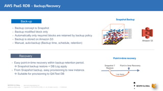 Copyright © 2018 BESPIN GLOBAL Co., Ltd. All rights reserved | Confidential
http://www.bespinglobal.com
AWS PaaS RDB - Backup/Recovery
Amazon S3
Back-up
- Backup concept is Snapshot
- Backup modified block only
- Automatically only required blocks are retained by backup policy
- Backup is stored on Amazon S3
- Manual, auto-backup (Backup time, schedule, retention)
Snapshot Backup
Recovery
- Easy point-in-time recovery within backup retention period.
 Snapshot backup restore + DB Log apply
- From Snapshot backup, easy provisioning to new instance.
 Suitable for provisioning to QA/Test DB
Point in-time recovery
Point in time RecoverySnapshot 7
Restore
Log Apply
 
