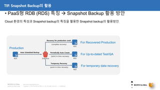 Copyright © 2018 BESPIN GLOBAL Co., Ltd. All rights reserved | Confidential
http://www.bespinglobal.com
TIP. Snapshot Backup의 활용
Cloud 환경의 특성과 Snapshot backup의 특징을 활용한 Snapshot backup의 활용방안
• PaaS형 RDB (RDS) 특징  Snapshot Backup 활용 방안
Snapshot
Auto Scheduled Backup
RDS RDS
Periodically Auto Create
RDS
Recovery for production crash
RDS
Production
For Recovered Production
For Up-to-dated Test/QA
Temporary Recovery
For temporary data recovery
(complete recovery)
(point-in-time recovery)
(point-in-time recovery)
 
