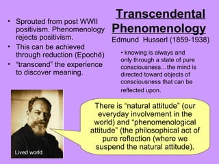 Transcendental
Phenomenology
Edmund Husserl (1859-1938)
• Sprouted from post WWII
positivism. Phenomenology
rejects positivism.
• This can be achieved
through reduction (Epoché)
• “transcend” the experience
to discover meaning.
There is “natural attitude” (our
everyday involvement in the
world) and “phenomenological
attitude” (the philosophical act of
pure reflection (where we
suspend the natural attitude).
• knowing is always and
only through a state of pure
consciousness…the mind is
directed toward objects of
consciousness that can be
reflected upon.
Lived world
 