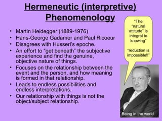 Hermeneutic (interpretive)
Phenomenology
• Martin Heidegger (1889-1976)
• Hans-George Gadamer and Paul Ricoeur
• Disagrees with Husserl’s epoche.
• An effort to “get beneath” the subjective
experience and find the genuine,
objective nature of things.
• Focuses on the relationship between the
event and the person, and how meaning
is formed in that relationship.
• Leads to endless possibilities and
endless interpretations.
• Our relationship with things is not the
object/subject relationship.
“The
“natural
attitude” is
integral to
knowing”
“reduction is
impossible!!”
Being in the world
 