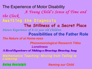 The Experience of Motor Disability
A Young Child’s Sense of Time and
the Clock
Awaiting the Diagnosis
The Stillness of a Secret Place
Nature Experience of 8-12 year old Children
Possibilities of the Father Role
The Nature of at Home-ness
Phenomenological Research Titles
Loneliness
ALivedExperienceof MakingaDrawing: DrawingAmy
Mathematics Teaching: Moving from Telling to
Listening
Being Nostalgic Naming our Child
 