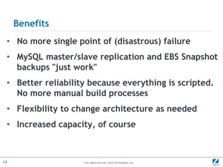 Benefits
 • No more single point of (disastrous) failure
 • MySQL master/slave replication and EBS Snapshot
   backups "just work"
 • Better reliability because everything is scripted.
   No more manual build processes
 • Flexibility to change architecture as needed
 • Increased capacity, of course



13                  © All rights reserved. Zend Technologies, Inc.
 