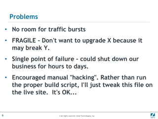 Problems
    • No room for traffic bursts
    • FRAGILE - Don't want to upgrade X because it
      may break Y.
    • Single point of failure - could shut down our
      business for hours to days.
    • Encouraged manual "hacking". Rather than run
      the proper build script, I'll just tweak this file on
      the live site. It's OK...


9                       © All rights reserved. Zend Technologies, Inc.
 