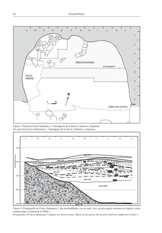 Elizabeth Pintar56
Figura 3. Planta de Cueva Salamanca 1, Antofagasta de la Sierra, Catamarca, Argentina.
Site plan from Cueva Salamanca 1, Antofagasta de la Sierra, Catamarca, Argentina.
Figura 4. Estratigrafía de Cueva Salamanca 1 (las profundidades son en mm). Los círculos negros denotan los fogones cuyas
numeraciones se muestran en Tabla 1.
Stratigraphy of Cueva Salamanca 1 (depths are shown in mm). Black circles denote the hearths which are numbered in Table 1.
 