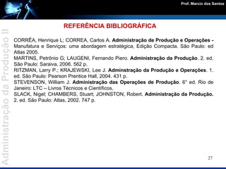 CORRÊA, Henrique L; CORREA, Carlos A.  Administração de Produção e Operações -  Manufatura e Serviços: uma abordagem estratégica, Edição Compacta. São Paulo: ed Atlas 2005. MARTINS, Petrônio G; LAUGENI, Fernando Piero.  Administração da Produção . 2. ed. São Paulo: Saraiva, 2006. 562 p. RITZMAN, Larry P.; KRAJEWSKI, Lee J.  Adminstração da Produção e Operações . 1. ed. São Paulo: Pearson Prentice Hall, 2004. 431 p. STEVENSON, William J.  Administração das Operações de Produção . 6° ed. Rio de Janeiro: LTC – Livros Técnicos e Científicos,  SLACK, Nigel; CHAMBERS, Stuart; JOHNSTON, Robert.  Administração da Produção.  2. ed. São Paulo: Atlas, 2002. 747 p. REFERÊNCIA BIBLIOGRÁFICA 
