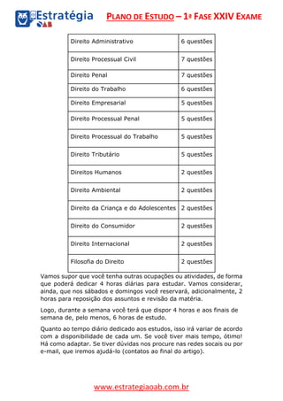 PLANO DE ESTUDO – 1ª FASE XXIV EXAME
www.estrategiaoab.com.br
Direito Administrativo 6 questões
Direito Processual Civil 7 questões
Direito Penal 7 questões
Direito do Trabalho 6 questões
Direito Empresarial 5 questões
Direito Processual Penal 5 questões
Direito Processual do Trabalho 5 questões
Direito Tributário 5 questões
Direitos Humanos 2 questões
Direito Ambiental 2 questões
Direito da Criança e do Adolescentes 2 questões
Direito do Consumidor 2 questões
Direito Internacional 2 questões
Filosofia do Direito 2 questões
Vamos supor que você tenha outras ocupações ou atividades, de forma
que poderá dedicar 4 horas diárias para estudar. Vamos considerar,
ainda, que nos sábados e domingos você reservará, adicionalmente, 2
horas para reposição dos assuntos e revisão da matéria.
Logo, durante a semana você terá que dispor 4 horas e aos finais de
semana de, pelo menos, 6 horas de estudo.
Quanto ao tempo diário dedicado aos estudos, isso irá variar de acordo
com a disponibilidade de cada um. Se você tiver mais tempo, ótimo!
Há como adaptar. Se tiver dúvidas nos procure nas redes socais ou por
e-mail, que iremos ajudá-lo (contatos ao final do artigo).
 