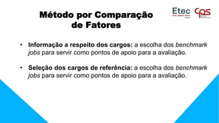 • Informação a respeito dos cargos: a escolha dos benchmark
jobs para servir como pontos de apoio para a avaliação.
• Seleção dos cargos de referência: a escolha dos benchmark
jobs para servir como pontos de apoio para a avaliação.
Método por Comparação
de Fatores
 