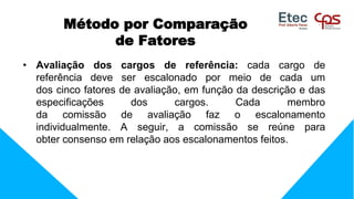• Avaliação dos cargos de referência: cada cargo de
referência deve ser escalonado por meio de cada um
dos cinco fatores de avaliação, em função da descrição e das
especificações dos cargos. Cada membro
da comissão de avaliação faz o escalonamento
individualmente. A seguir, a comissão se reúne para
obter consenso em relação aos escalonamentos feitos.
Método por Comparação
de Fatores
 