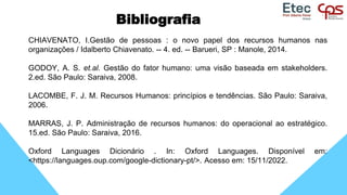 Bibliografia
CHIAVENATO, I.Gestão de pessoas : o novo papel dos recursos humanos nas
organizações / Idalberto Chiavenato. -- 4. ed. -- Barueri, SP : Manole, 2014.
GODOY, A. S. et.al. Gestão do fator humano: uma visão baseada em stakeholders.
2.ed. São Paulo: Saraiva, 2008.
LACOMBE, F. J. M. Recursos Humanos: princípios e tendências. São Paulo: Saraiva,
2006.
MARRAS, J. P. Administração de recursos humanos: do operacional ao estratégico.
15.ed. São Paulo: Saraiva, 2016.
Oxford Languages Dicionário . In: Oxford Languages. Disponível em:
<https://languages.oup.com/google-dictionary-pt/>. Acesso em: 15/11/2022.
 