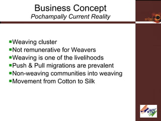 Business Concept Pochampally Current Reality Weaving cluster Not remunerative for Weavers  Weaving is one of the livelihoods Push & Pull migrations are prevalent Non-weaving communities into weaving Movement from Cotton to Silk 