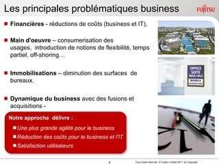 Les principales problématiques business
 Financières - réductions de coûts (business et IT),

 Main d'oeuvre – consumerisation des
  usages, introduction de notions de flexibilité, temps
  partiel, off-shoring…

 Immobilisations – diminution des surfaces de
  bureaux.

 Dynamique du business avec des fusions et
  acquisitions -
  Notre approche délivre :
   Une plus grande agilité pour le business
   Réduction des coûts pour le business et l’IT
   Satisfaction utilisateurs

                                          4        Tous droits réservés, © Fujitsu Limited 2011 de Copyright
 