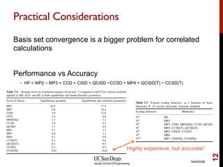 Practical Considerations
Basis set convergence is a bigger problem for correlated
calculations
Performance vs Accuracy
•  HF < MP2 ~ MP3 < CCD < CISD < QCISD ~CCSD < MP4 < QCISD(T) ~ CCSD(T)
NANO266
12
Highly expensive, but accurate!
 