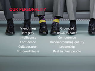 Page 9
OUR PERSONALITY
Friendliness
Integrity
Intelligence
Confidence
Collaboration
Trustworthiness
Grounded
Down to earth
Competence
Uncompromising quality
Leadership
Best in class people
 