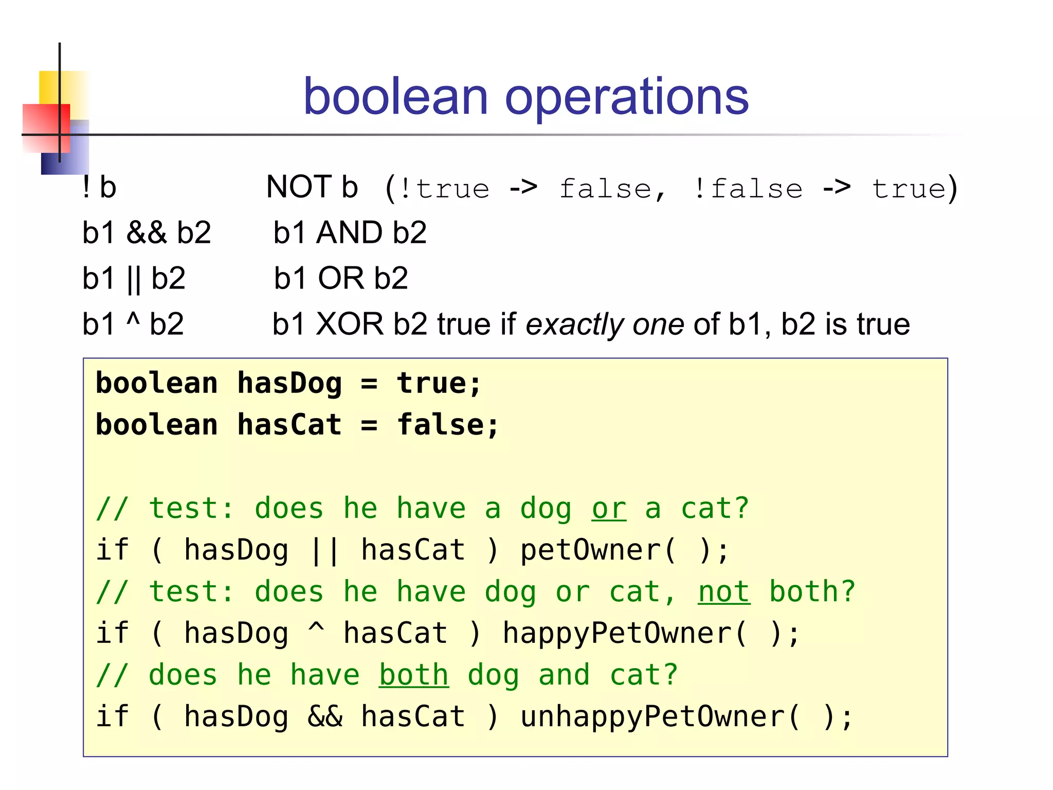 boolean operations
! b NOT b (!true -> false, !false -> true)
b1 && b2 b1 AND b2
b1 || b2 b1 OR b2
b1 ^ b2 b1 XOR b2 true if exactly one of b1, b2 is true
boolean hasDog = true;
boolean hasCat = false;
// test: does he have a dog or a cat?
if ( hasDog || hasCat ) petOwner( );
// test: does he have dog or cat, not both?
if ( hasDog ^ hasCat ) happyPetOwner( );
// does he have both dog and cat?
if ( hasDog && hasCat ) unhappyPetOwner( );
 