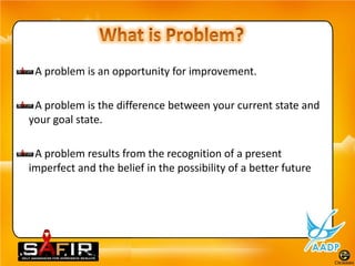 A problem is an opportunity for improvement.

 A problem is the difference between your current state and
your goal state.

 A problem results from the recognition of a present
imperfect and the belief in the possibility of a better future
 
