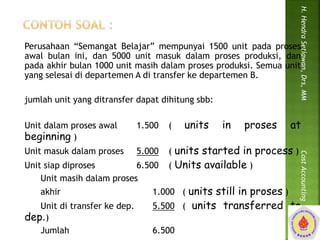 Perusahaan “Semangat Belajar” mempunyai 1500 unit pada proses 
awal bulan ini, dan 5000 unit masuk dalam proses produksi, dan 
pada akhir bulan 1000 unit masih dalam proses produksi. Semua unit 
yang selesai di departemen A di transfer ke departemen B. 
jumlah unit yang ditransfer dapat dihitung sbb: 
Unit dalam proses awal 1.500 ( units in proses at 
beginning ) 
Unit masuk dalam proses 5.000 ( units started in process ) 
Unit siap diproses 6.500 ( Units available ) 
Unit masih dalam proses 
akhir 1.000 ( units still in proses ) 
Unit di transfer ke dep. 5.500 ( units transferred to 
dep.) 
Jumlah 6.500 
H. Hendra Setiawan, Drs, MM Cost Accounting 
 
