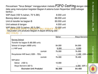 Perusahaan “Terus Belajar” menggunakan metoda FIFO Costing dengan data - 
data yang menunjukan kegiatan Bagian A selama bulan Nopember 2008 sebagai 
berikut : 
WIP Awal (100 % bahan, 70 % BK) 8.000 unit 
Barang dalam proses 86.000 unit 
Unit di transfer ke bagian B 80.000 unit 
Unit selesai di tangan 4.000 unit 
WIP Akhir (100 % bahan, 60 % BK) 10.000 unit 
 Ekuivalen unit produksi Bagian A dapat dihitung sbb : 
Bahan Biaya Konversi 
Barang Selesai 
Transfer ke bagian B (80.000 unit) 
Selesai di tangan (4000 unit) 84.000 84.000 
(-) WIP awal 8.000 8.000 
Jumlah 76.000 76.000 
Penyelesian WIP Awal (100% - 70%) - 2.400 (30% x 8000) 
Jumlah 76.000 78.400 
WIP Akhir 
Bahan (100 %) 10.000 - 
Biaya Konversi (60 %) - 6.000 (60% x 10.000) 
Ekuivalen Unit Produksi 86.000 84.400 
H. Hendra Setiawan, Drs, MM Cost Accounting 
 