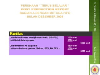 Kuantitas 
Unit dalam Proses awal (Bahan 100%, BK 67% ) 1500 unit 
Unit Mulai dalam proses 5000 unit 
6500 unit 
Unit ditrasnfer ke bagian B 5500 unit 
Unit masih dalam proses (Bahan 100%, BK 60% ) 1000 unit 
6500 unit 
H. Hendra Setiawan, Drs, MM Cost Accounting 
 