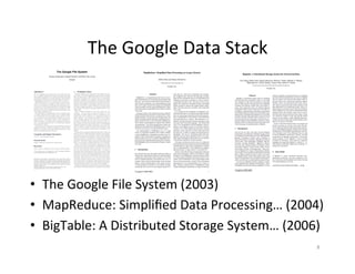 The	
  Google	
  Data	
  Stack	
  
•  The	
  Google	
  File	
  System	
  (2003)	
  
•  MapReduce:	
  Simpliﬁed	
  Data	
  Processing…	
  (2004)	
  
•  BigTable:	
  A	
  Distributed	
  Storage	
  System…	
  (2006)	
  
8	
  
 