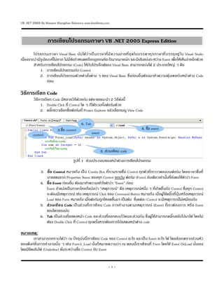 VB .NET 2005 By Warawut Khangkhan Reference www.ilovelibrary.com



                    การเขยนโปรแกรมภาษา VB .NET 2005 Express Edition
         โปรแกรมภาษา Visual Basic น- บ ได1ว 3 า เป5 น ภาษาท7 8ม 7 ค วามง3 า ยท7 8ส = ด ในบรรดาท= ก ภาษาท7 8 บ รรจ= อยA 3 ใ น Visual Studio
เนD8องจากว3าม7รAปแบบท7ไม3ยาก ไม3ม7ขอกFาหนดหรDอกฎเกณฑKอะไรมากมายน-ก และม7เส1นแบ3งระหว3าง Event เพD8อให1เหOนง3ายอ7กด1วย
                      8            1
         สFาหร-บการเข7ยนโปรแกรม (Code) ให1ก-บโปรเจOกตKของ Visual Basic สามารถแบ3งได1 2 ประเภทใหญ3 ๆ คDอ
              1. การเข7ยนโปรแกรมก-บ Control
              2. การเข7ยนโปรแกรมด1วยคFาส-8งต3าง ๆ ของ Visual Basic ซY8งก3อนอD8นต1องมาทFาความค=1นเคยก-บหน1าต3าง Code
                  ก3อน

ว%ธการเรยก Code
         วZธ7การเร7ยก Code ม7หลายวZธ7ด1วยก-น แต3จะขอแนะนFา 2 วZธ7ด-งน7
              1. Double Click ท78 Control ใด ๆ กOได1รวมท-งฟอรKมด1วย
              2. คลZ_กขวาเลDอกชDอฟอรKมท78 Project Explorer แล1วเลDอกเมนA View Code
                                  8

                                             6. Tab
                           3.ชDอ control
                               8                                                           4. ชDอ event
                                                                                                8
         control                                      event


                                                              5. ส3ว นเข7ยน code
                                       รAปท78 1 ส3วนประกอบของหน1าต3างการเข7ยนโปรแกรม

              3. ช)*อ Control หมายถYง เป5น Combo Box ท78รวมรายชD8อ Control ท=กต-วท78เราวาดลงบนฟอรKม โดยจะเอาชD8อท78
                 มาแสดงจาก Properties Name ของท=ก Control ยกเว1น ฟอรKม (Form) อ-นเด7ยวเท3าน-นท78ย-งคงใช1คFาว3า Form
              4. ช)*อ Event ก3อนอDน ต1องมาทFาความเข1าใจคFาว3า “Event” ก3อน
                                  8
                 Event ถ1าแปลเป5นภาษาไทยกOแปลว3า “เหต=การณK” คDอ เหต=การณKหนY8ง ๆ ท78เกZดขYนก-บ Control ซY8งท=ก Control
                 จะต1องม7เหต=การณK เช3น เหต=การณK Click ของ Command Button หมายถYง เมD8อผA1ใช1คลZ_กท78ป=lมหรDอเหต=การณK
                 Load ของ Form หมายถYง เมDอฟอรKมถAกโหลดขYนมา เป5นต1น ซY8งแต3ละ Control จะม7เหต=การณKไม3เหมDอนก-น
                                               8               
              5. ส/ว นเขยน Code เป5นส3วนท7 8เราเข7ยน Code การทFางานตามเหต=การณK (Event) ท78เราต1องการ หรDอ Event
                 ของใครของม-น
              6. Tab เป5นส3วนท78แสดงหน1า Code และส3วนท78ออกแบบไว1คนละส3วนก-น ซY8งผA1ใช1สามารถคลZ_กสล-บไปมาได1 โดยไม3
                 ต1อง Double Click ท78 Control ท=กคร-งหากต1องการไปแสดงหน1าต3าง code

หมายเหต4:
        เราสามารถทราบได1ว3า ณ ปoจจ=บ-นน7เราเข7ยน Code ของ Control อะไร และเป5น Event อะไร ได1 โดยส-งเกตจากส3วนห-ว
ของฟoงกKช-8นการทFางานน-น ๆ เช3น Form1_Load น-นกOหมายความว3า ณ ตอนน7เราเข7ยนท7 8 Form โดยใช1 Event OnLoad น-8นเอง
โดยม7ขดเส1นใต1 (Underline) ค-นระหว3างชD8อ Control ก-บ Event
      7                      8


                                                                   -1-
 