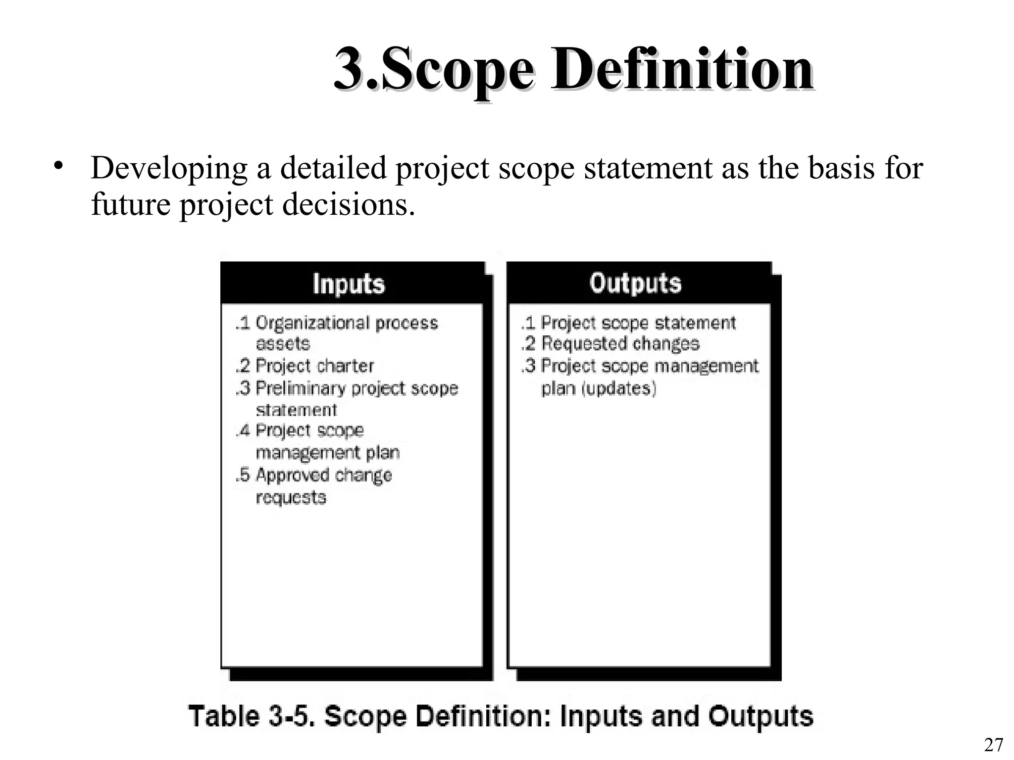 27
3.Scope Definition3.Scope Definition
• Developing a detailed project scope statement as the basis for
future project decisions.
 
