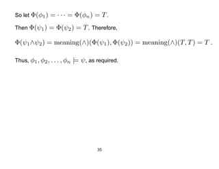 So let Φ(φ1 )   = · · · = Φ(φn ) = T .
Then Φ(ψ1 )     = Φ(ψ2 ) = T . Therefore,

Φ(ψ1 ∧ψ2 ) = meaning(∧)(Φ(ψ1 ), Φ(ψ2 )) = meaning(∧)(T, T ) = T .

Thus, φ1 , φ2 , . . . , φn   |= ψ , as required.




                                       35
 