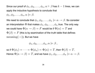 Since our proof of φ1 , φ2 , . . . , φn , α     β has k − 1 lines, we can
apply the inductive hypothesis to conclude that
φ1 , φ2 , . . . , φn , α |= β .
We need to conclude that φ1 , φ2 , . . . , φn  |= α → β . So consider
an interpretation Φ that makes φ1 , φ2 , . . . , φn true. The only way
we could have Φ(α → β) = F would be if Φ(α) = T and
Φ(β) = F (this is by examination of the truth table that deﬁnes
meaning(→)). But we have

                         φ1 , φ2 , . . . , φn , α |= β ,

          = · · · = Φ(φn ) = Φ(α) = T , then Φ(β) = T .
so if Φ(φ1 )
Hence Φ(α → β) = T , and we have φ1 , φ2 , . . . , φn |= α → β .



                                       38
 