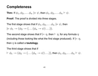 Completeness
Thm: If φ1 , φ2 , . . . φn   |= ψ , then φ1 , φ2 , . . . φn   ψ.
Proof: The proof is divided into three stages.

The ﬁrst stage shows that if φ1 , φ2 , . . . φn    |= ψ , then
|= φ1 → (φ2 → (. . . (φn → ψ) . . .)).
The second stage shows that if |= η , then     η , for any formula η
(including those looking like what the ﬁrst stage produced). If |= η ,
then η is called a tautology.

The third stage shows that if
  φ1 → (φ2 → (. . . (φn → ψ) . . .)), then φ1 , φ2 , . . . φn      ψ.



                                       41
 