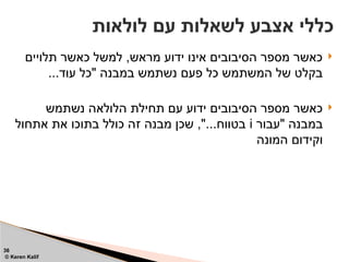 
‫תלויים‬ ‫כאשר‬ ‫למשל‬ ,‫מראש‬ ‫ידוע‬ ‫אינו‬ ‫הסיבובים‬ ‫מספר‬ ‫כאשר‬
...‫עוד‬ ‫"כל‬ ‫במבנה‬ ‫נשתמש‬ ‫פעם‬ ‫כל‬ ‫המשתמש‬ ‫של‬ ‫בקלט‬

‫נשתמש‬ ‫הלולאה‬ ‫תחילת‬ ‫עם‬ ‫ידוע‬ ‫הסיבובים‬ ‫מספר‬ ‫כאשר‬
‫"עבור‬ ‫במבנה‬
i
‫אתחול‬ ‫את‬ ‫בתוכו‬ ‫כולל‬ ‫זה‬ ‫מבנה‬ ‫שכן‬ ,"...‫בטווח‬
‫המונה‬ ‫וקידום‬
‫לולאות‬ ‫עם‬ ‫לשאלות‬ ‫אצבע‬ ‫כללי‬
36
© Keren Kalif
 