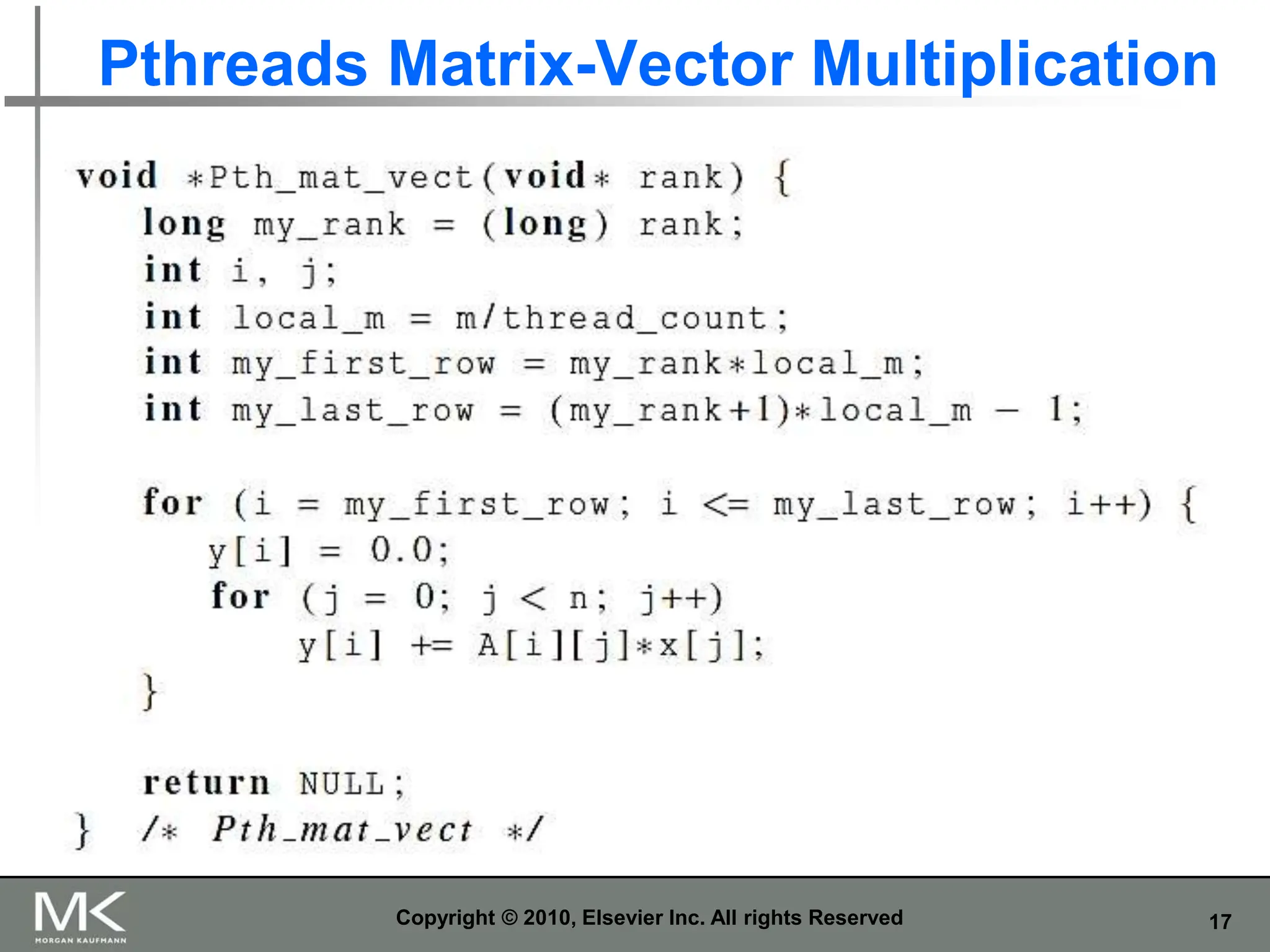 17
Pthreads Matrix-Vector Multiplication
Copyright © 2010, Elsevier Inc. All rights Reserved
 