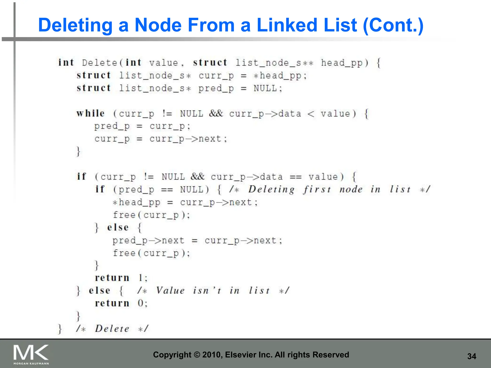 34
Deleting a Node From a Linked List (Cont.)
Copyright © 2010, Elsevier Inc. All rights Reserved
 