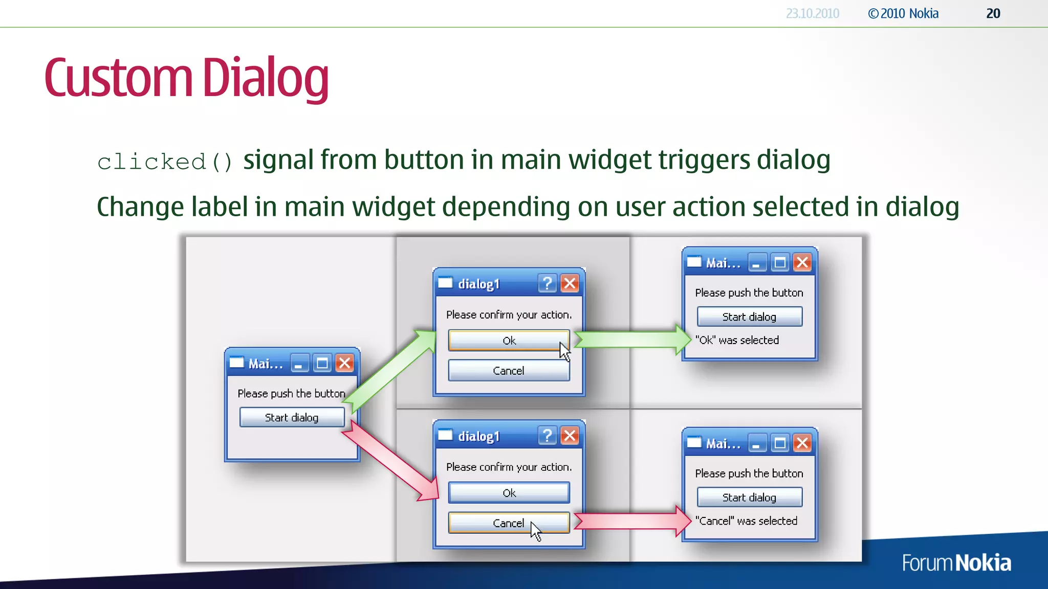 Custom Dialog
  clicked() signal from button in main widget triggers dialog
  Change label in main widget depending on user action selected in dialog
 