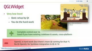 QGLWidget
     • Very low level
             – Basic setup by Qt
             – You do the hard work                                              Angry Birds and Bounce
                                                                                 by Rovio




                           Complete control over GL
                           Good if you have existing codebase & assets, cross-platform


                      OpenGL is hard work (but there’s more Qt coming for that *)
                      No Qt OpenGL for Symbian integration in Qt 4.7.0
* http://doc.qt.nokia.com/qt3d-snapshot/index.html
 