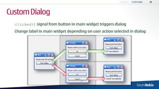 Custom Dialog
  clicked() signal from button in main widget triggers dialog
  Change label in main widget depending on user action selected in dialog
 