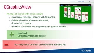 QGraphicsView
•   Manage 2D scenes with a scene graph
     – Can manage thousands of items with hierarchies
     – Collision detection, affine transformations,
       drag and drop support
     – Hardware acceleration and integration with QWidget possible


               High level
               Conceptually nice and flexible



           No ready-made common UI components available yet
 