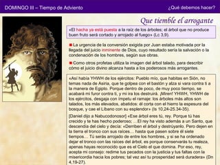 DOMINGO III – Tiempo de Adviento                                               ¿Qué debemos hacer?


                                                                Que tiemble el arrogante
                          «El hacha ya está puesta a la raíz de los árboles; el árbol que no produce
                          buen fruto será cortado y arrojado al fuego» (Lc 3,9).

                             La urgencia de la conversión exigida por Juan estaba motivada por la
                          llegada del juicio inminente de Dios, cuyo resultado sería la salvación o la
                          condenación de los hombres, según sus obras.
                            Como otros profetas utiliza la imagen del árbol talado, para describir
                          cómo el juicio divino alcanza hasta a los poderosos más arrogantes.

                          «Así había YHWH de los ejércitos: Pueblo mío, que habitas en Sión, no
                          temas nada de Asiria, que te golpea con el bastón y alza si vara contra ti a
                          la manera de Egipto. Porque dentro de poco, de muy poco tiempo, se
                          acabará mi furor contra ti, y mi ira los destruirá. ¡Miren! YHWH, YHWH de
                          los ejércitos, desgaja con ímpetu el ramaje: los árboles más altos son
                          talados, los más elevados, abatidos: él corta con el hierro la espesura del
                          bosque, y cae el Líbano con su esplendor» (Is 10,24-25.34-35).
                          [Daniel dijo a Nabucodonosor] «Ese árbol eres tú, rey. Porque tú has
                          crecido y te has hecho poderoso; …El rey ha visto además a un Santo, que
                          descendía del cielo y decía: «Derriben el árbol y destrúyanlo. Pero dejen en
                          la tierra el tronco con sus raíces… hasta que pasen sobre él siete
                          tiempos… Tú serás arrojado de entre los hombres, y si se ha ordenado
                          dejar el tronco con las raíces del árbol, es porque conservarás tu realeza,
                          apenas hayas reconocido que es el Cielo el que domina. Por eso, rey,
                          acepta mi consejo: redime tus pecados con la justicia y tus faltas con la
                          misericordia hacia los pobres; tal vez así tu prosperidad será duradera» (Dn
                          4,19-27).
 