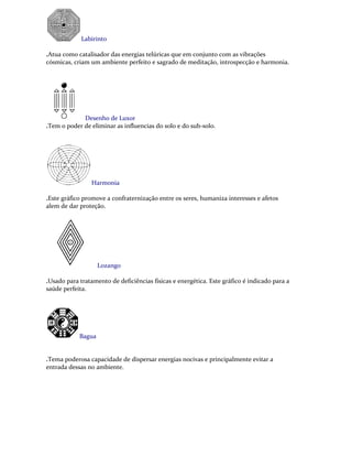 Labirinto
.Atua como catalisador das energias telúricas que em conjunto com as vibrações
cósmicas, criam um ambiente perfeito e sagrado de meditação, introspecção e harmonia.
Desenho de Luxor
.Tem o poder de eliminar as influencias do solo e do sub-solo.
Harmonia
.Este gráfico promove a confraternização entre os seres, humaniza interesses e afetos
alem de dar proteção.
Lozango
.Usado para tratamento de deficiências físicas e energética. Este gráfico é indicado para a
saúde perfeita.
Bagua
.Tema poderosa capacidade de dispersar energias nocivas e principalmente evitar a
entrada dessas no ambiente.
 