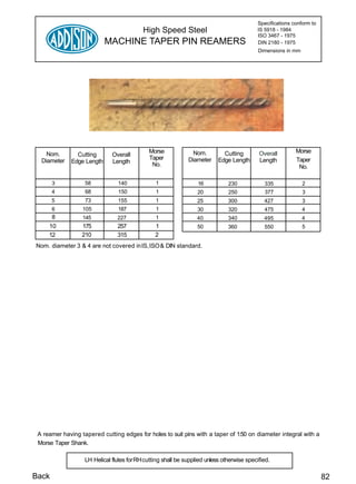 Specifications conform to
                                           High Speed Steel                               IS 5918 - 1984
                                                                                          ISO 3467 - 1975
                            MACHINE TAPER PIN REAMERS                                     DIN 2180 - 1975
                                                                                           Dimensions in mm




                                             Morse              Nom.        Cutting        Overall        Morse
    Nom.        Cutting       Overall
  Diameter                                   Taper            Diameter    Edge Length      Length         Taper
              Edge Length     Length          No.                                                          No.

       3           58           140             1                 16          230            335              2
       4           68           150             1                20           250            377              3
       5           73           155             1                25           300            427              3
       6          105           187             1                30           320            475              4
      8           145           227             1                40           340            495              4
     10           175           257             1                50           360            550              5
     12           210           315             2
Nom. diameter 3 & 4 are not covered in IS, ISO & DIN standard.




 A reamer having tapered cutting edges for holes to suit pins with a taper of 1:50 on diameter integral with a
 Morse Taper Shank.

                   LH Helical flutes forRH cutting shall be supplied unless otherwise specified.

Back                                                                                                                  82
 