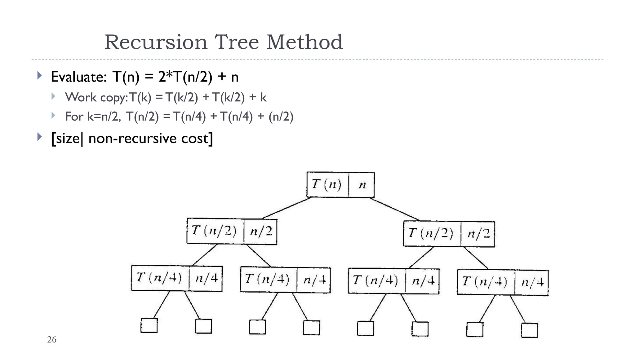 26
Recursion Tree Method
 Evaluate: T(n) = 2*T(n/2) + n
 Work copy:T(k) = T(k/2) + T(k/2) + k
 For k=n/2, T(n/2) = T(n/4) + T(n/4) + (n/2)
 [size| non-recursive cost]
 