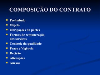 COMPOSIÇÃO DO CONTRATO Preâmbulo Objeto Obrigações da partes Formas de remuneração dos serviços Controle da qualidade Prazo e Vigência Recisão Alterações  Anexos 