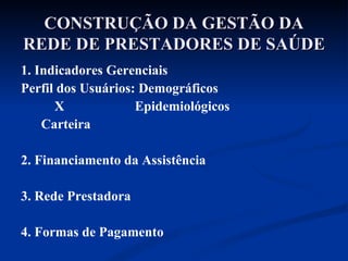 CONSTRUÇÃO DA GESTÃO DA REDE DE PRESTADORES DE SAÚDE 1. Indicadores Gerenciais Perfil dos Usuários: Demográficos X  Epidemiológicos Carteira  2. Financiamento da Assistência 3. Rede Prestadora 4. Formas de Pagamento 