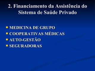 2. Financiamento da Assistência do Sistema de Saúde Privado MEDICINA DE GRUPO COOPERATIVAS MÉDICAS AUTO-GESTÃO SEGURADORAS 