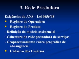 3. Rede Prestadora Exigências da ANS – Lei 9656/98 Registro da Operadora Registro do Produto - Definição do modelo assistencial - Cobertura da rede prestadora de serviços - Geoprocessamento >área geográfica de abrangência Cadastro dos Usuários 